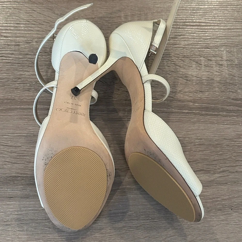 JIMMY CHOO EMSY 85MM CHEVRON EMBOSSED PATENT SANDAL HEELS Size 37/7 - Picture 4 of 9